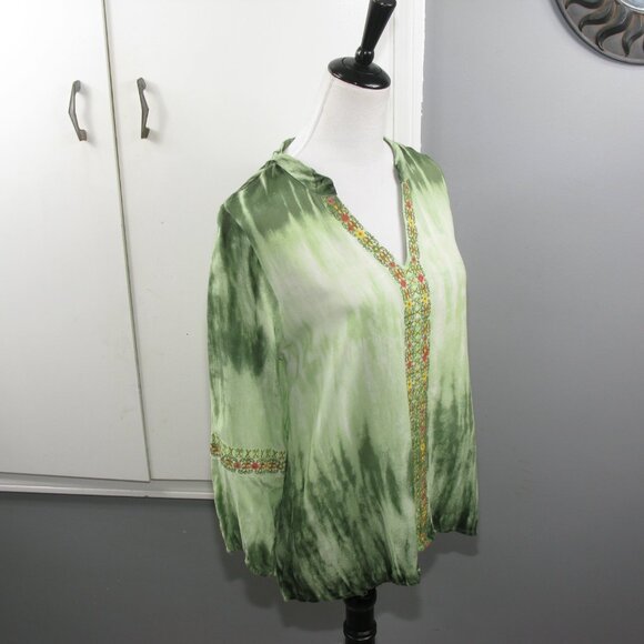Cupio Boho Embroidered Green Wash Pull Over Blouse Size Medium - Picture 5 of 6